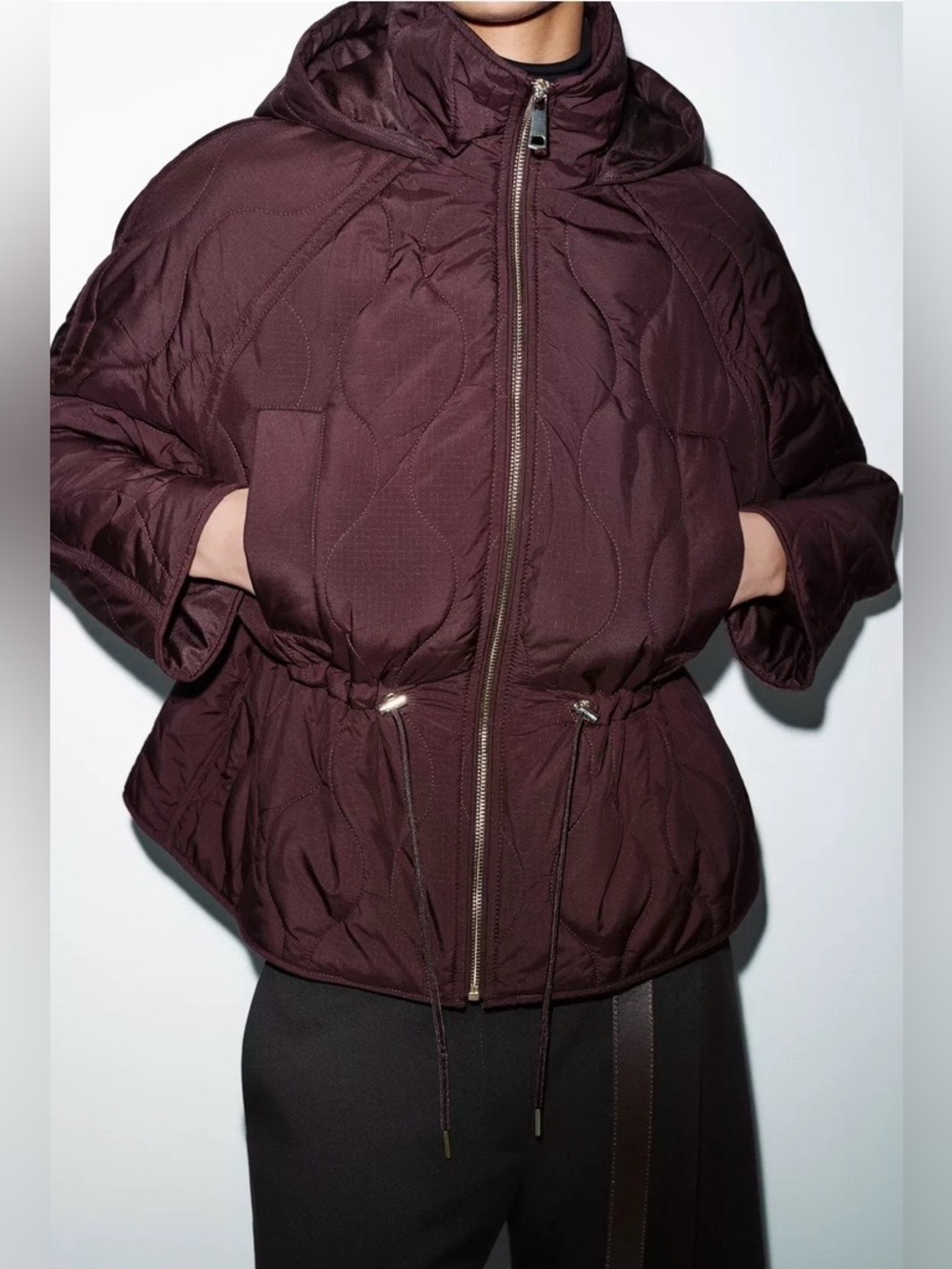 Zara NWT Burgundy Quilted Hooded Jacket Drawstring Waist Zip Front